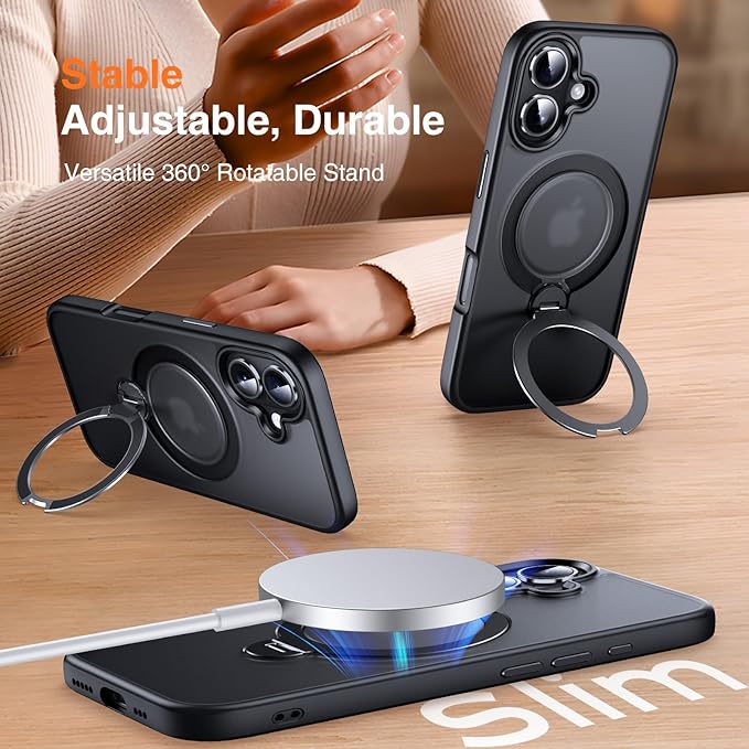 360° O-Ring MagStander for iPhone 16 Case with Magnetic Kickstand Ring Holder [Compatible with MagSafe][360°Rotate Stand Ring][Military Shockproof] Magnet iPhone 16 Phone Cover Matte Black