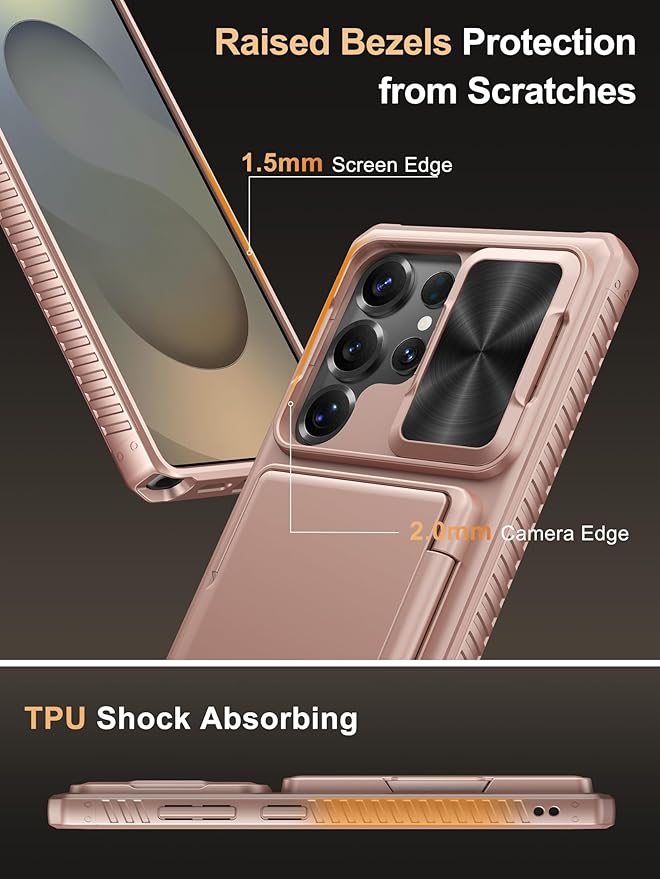 Vihibii for Samsung Galaxy S25 Ultra Case with Card Holder (4 Cards), [RFID Blocking] & Slide Camera Cover, Military Grade Drop Protection, Rugged Wallet Cover for Samsung Galaxy S25 Ultra, Rose Gold