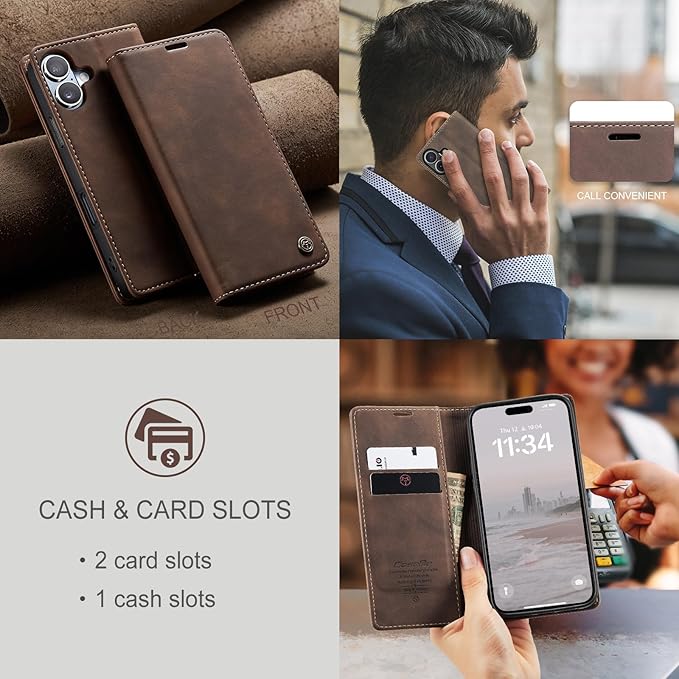 for iPhone 16 Case, Flip Wallet Leather Case with Card Holder Magnetic Closure Shockproof Kickstand Protective Phone Cases Cover for iPhone 16, Coffee