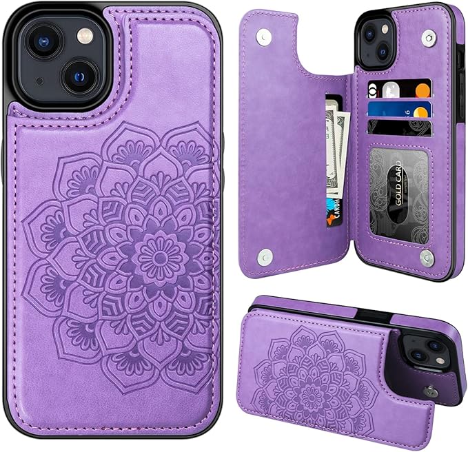MMHUO for iPhone 15 Plus Case with Card Holder,Flower Magnetic Buttons Protective Wallet Case for Women for iPhone 15 Plus,Purple