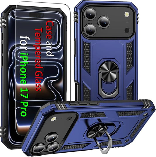 ADDIT Compatible with iPhone 17 Pro Case with Tempered Glass Screen Protector, Adjustable Kickstand Ring, Military-Grade Heavy Duty Protection, Shockproof, Anti-Fingerprint,Blue