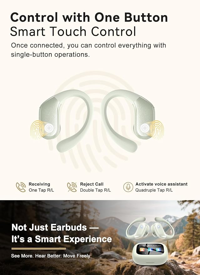 Wireless Earbuds, ENC Noise Cancelling Sport Ear Buds with Smart Touch Screen Charging Case, Bluetooth 5.4 Headphones, Bass Stereo Sound, 5 EQ Over-Ear Earbuds for Sports/Workout/Gym-Rice