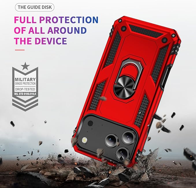 ADDIT Compatible with iPhone 17 Pro Case with Tempered Glass Screen Protector, Adjustable Kickstand Ring, Military-Grade Heavy Duty Protection, Shockproof, Anti-Fingerprint,Red