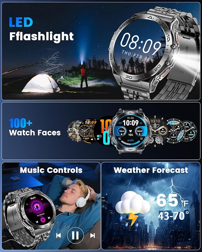 Military Smart Watches for Men with Bluetooth Call, 1.6" AMOLED Waterproof Smartwatch with Flashlight, 116 Sport Modes, 600mAh Heart Rate/SpO2/Sleep Monitor Fitness Tracker for Android iOS