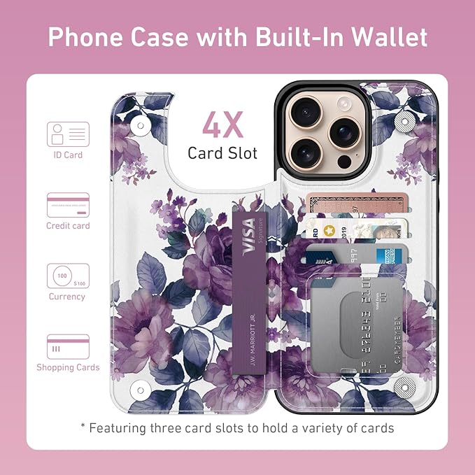 FUNMIKO for iPhone 16 Pro Max Wallet Case with Card Holder, RFID-Blocking, Military-Grade Protection & UV-Printed Artwork, Magnetic Closure with Leather Kickstand - Elegant Purple Floral