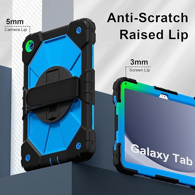 Case for Samsung Galaxy Tab A9+ 11 Inch 2023 (X210/X216/X218), Heavy Duty Shockproof Rugged 360 Rotating Hand Strap Protective Case for Galaxy Tab A9 Plus Tablet, Black+Blue