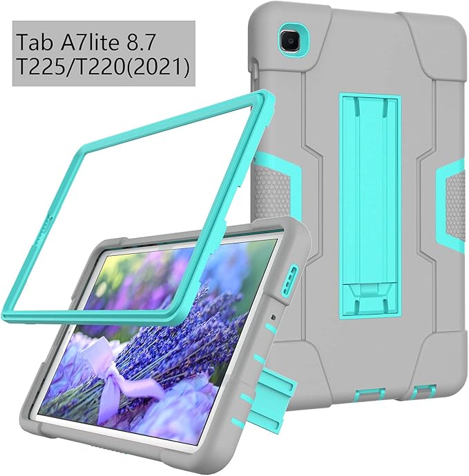 Case for Samsung Galaxy Tab A7 Lite 2021, 3-in-1 Heavy Duty Kickstand Silicone Hybrid Protective Cover for Tab A7 Lite SM-T220/T225/T225N/T227U, Gray/Green