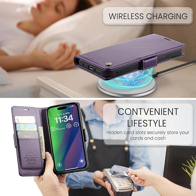 for iPhone 15 Case, Premium PU Leather Wallet Case Flip Cover with [RFID Blocking][Card Holder][Stand Function] Shockproof Protective for iPhone 15 Case, Purple