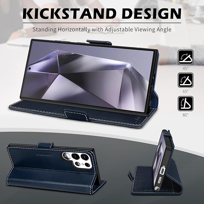 SHIELDON Case for Galaxy S25 Ultra 6.9", Genuine Leather Wallet Flip Book RFID Blocking Card Holder Kickstand Shock Absorbing Protective Case Compatible with Galaxy S25 Ultra - Retro Dark Blue