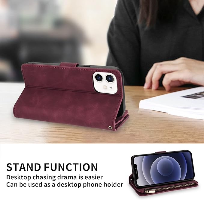 ZZXX for iPhone 12 Pro Wallet Case with Card Slot Premium Soft PU Leather Zipper Folio with Wrist Strap Kickstand Protective for iPhone 12 (Wine Red 6.1 inch)