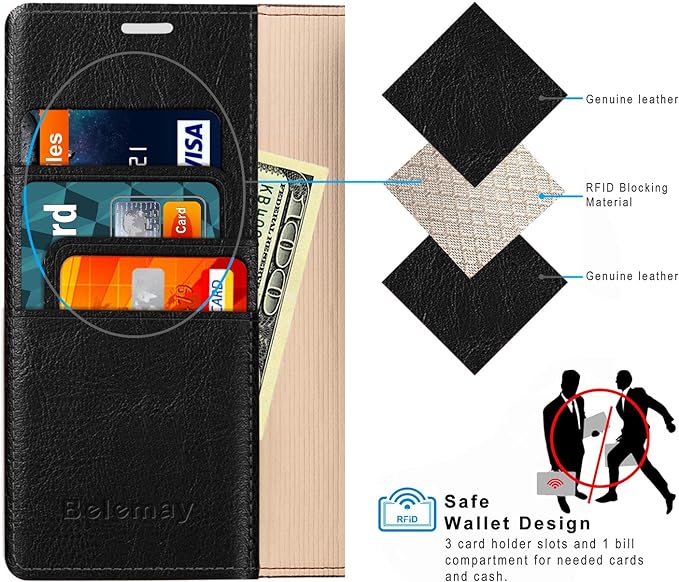 Belemay Compatible with iPhone 14 Pro Wallet Case-Genuine Leather Flip Phone Case-RFID Blocking Card Holders-Shockproof TPU Shell Folio Book Cover Women Men Compatible with iPhone 14 Pro (6.1") Black