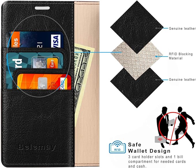Belemay Compatible with iPhone 14 Plus Wallet Case-Genuine Leather Flip Phone Case-RFID Blocking Card Holders-Shockproof TPU Shell Folio Cover Women Men Compatible with iPhone 14 Plus (6.7-inch) Black