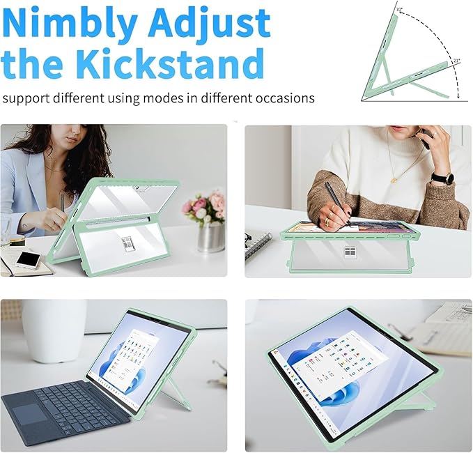 Case Updated Version fit Microsoft Surface Pro 11/10 /9/8 13-Inch, All-in-one Rugged Case Compatible with Type Cover Keyboards, Transparent&Green