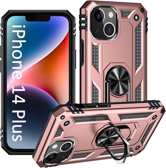 ADDIT Phone Case for iPhone 14 Plus Case,with Kickstand Ring,Adjustable Stand,Military Grade,Heavy Duty Protection,Shockproof,Anti-Fingerprint,Support Magnet Car Mount,Rose Gold