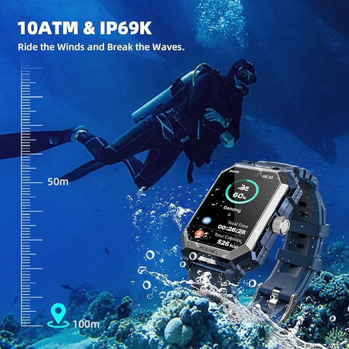 Indestructible Military Smart Watch for Men (Answer/Dial Call) 100 Days Battery Tactical 10ATM Waterproof Smartwatch for Android Phones Fitness Tracker with Blood Pressure Heart Rate SpO2