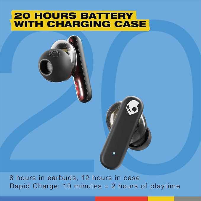 Skullcandy Smokin’ Buds Wireless Earbuds, Bluetooth Headphones, Noise Isolating Fit, Up to 20 Hours Battery, IPX4 Sweat and Water Resistant, Microphone for iPhone Android - Midnight Smoke