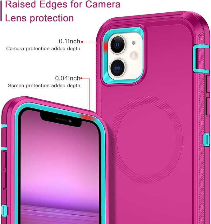 for iPhone 12 Case,iPhone 12 Pro Case [Compatible with MagSafe] Shockproof 3-Layer Full Body Protection Rugged Heavy Duty Cover for Apple iPhone 12/12 Pro 6.1",Rose Red/Green