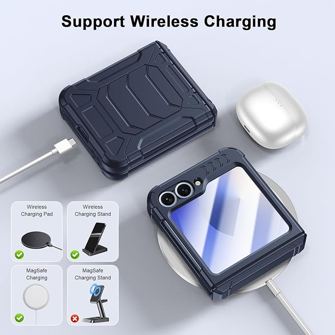 Military-Grade Protection ZFlip 6 / ZFlip 7 FE Case for Samsung Galaxy Z Flip 6 & Flip 7 FE: Shockproof TPU Frame, Hinge Protection, Glass Screen Protector, Anti-Slip Rugged Phone Cover (Dark Blue)