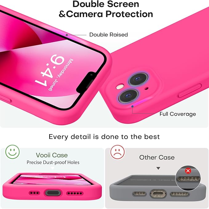 Vooii Compatible with iPhone 13 Case, Liquid Silicone Upgrade [Camera Protection] [Soft Anti-Scratch Microfiber Lining] Shockproof Phone Case for iPhone 13 6.1 inch - Hot Pink