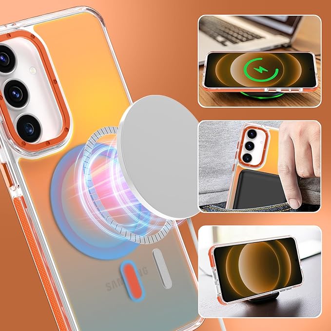 MOWIME Magnetic Case for Samsung Galaxy S25 FE 5G [Compatible with Magsafe] [Cute Fashion Fluorescent Design] [1 Screen Protector] Slim Translucent Matte Case for Galaxy S25 FE 5G 6.7", Orange