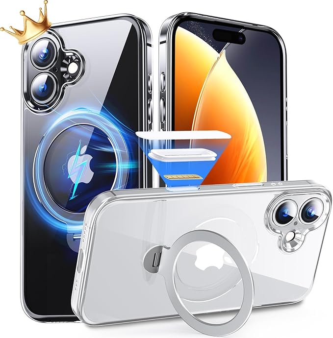 360° O-Ring MagStander for iPhone 16 Case with Magnetic Kickstand Ring Holder [Compatible with MagSafe][360°Rotate Stand Ring][Military Shockproof] iPhone 16 Phone Cover Clear