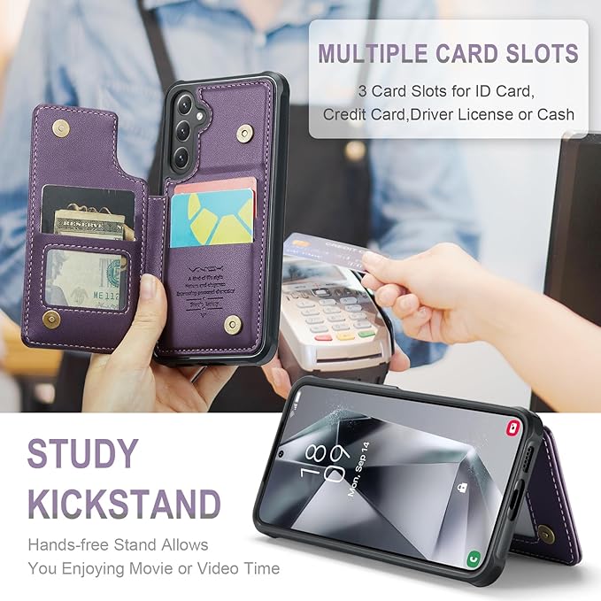 Vinich for Samsung Galaxy S25 Wallet Case with Card Holder, RFID Blocking Credit Slots Kickstand Shockproof Phone Cover for Women Men, Purple