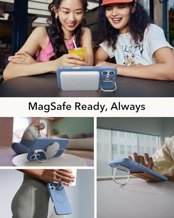 ESR for iPhone 16 Case, Silicone Case with Stand, Compatible with, Military-Grade Protection, Built-in Camera Stash Stand, Magnetic Phone Case for iPhone 16, Cloud Series, Light Blue