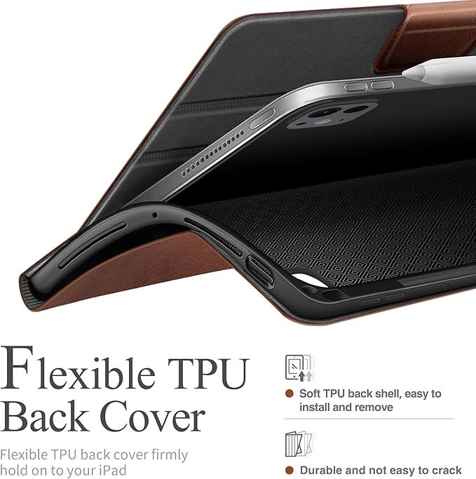 auaua Case for iPad Pro 11 Inch (M4) 2024 5th Gen (Model: A2836/A2837/A3006), with Pencil Holder and Pocket, Multiple Angles Viewing, Magnetic Closure, Auto Sleep/Wake (Brown)