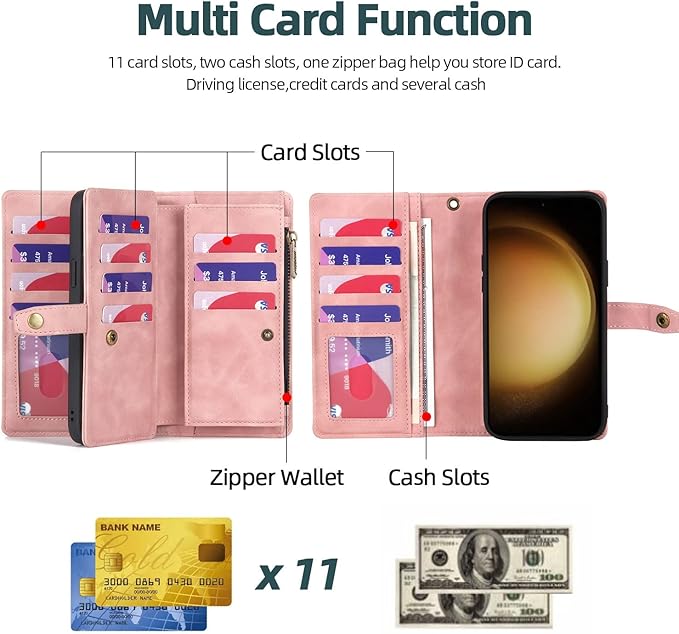 TwoHead for Samsung Galaxy S23 Plus Wallet Case with Card Holder & Detachable Magnetic Phone Case for Galaxy S23 + 6.6 in PU Leather Phone Case Wallet (Dream Pink)