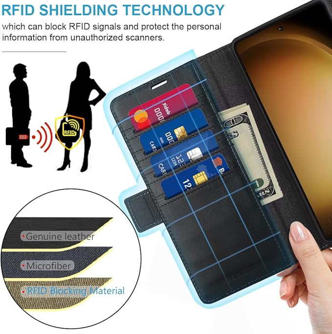 KEZiHOME for Samsung Galaxy S24 Plus 5G Case, Flip Case, Genuine Leather, RFID Blocking, Card Holder, Magnetic, Stand, Black/Brown