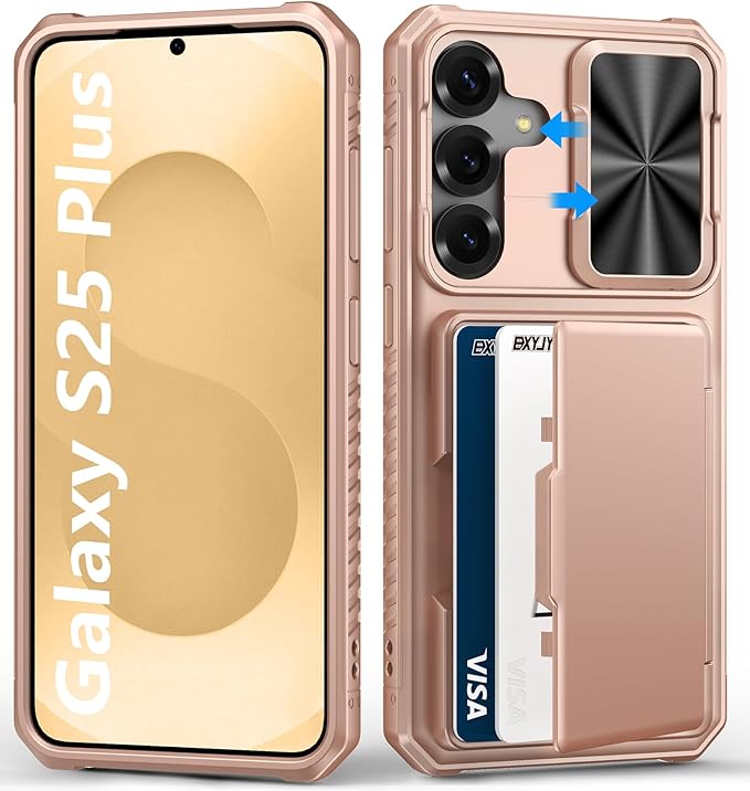for Samsung Galaxy S25+ Plus Phone Case Wallet, Card Holder (4-5 Cards), RFID Block, Slide Camera Cover, Military Drop, Rugged Heavy Duty Men Women Cases for Samsung Galaxy S25+ Plus, Rose Gold