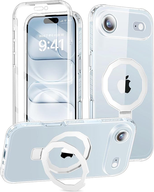 Compatible with iPhone Air Case, Built-in Screen Protector & Seamless Stand, with Camera Lens Protector, Strong Magnetic Clear Phone Case, Full Body Protective Cover for 6.5" (Clear)
