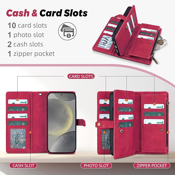 TwoHead for Samsung Galaxy S24 Wallet Case with Card Holder,Detachable Magnetic Phone Case for Galaxy S24,PU Leather Shockproof Protective Phone Cover Wallet with Wrist Strap(6.1 in,Wine Red)