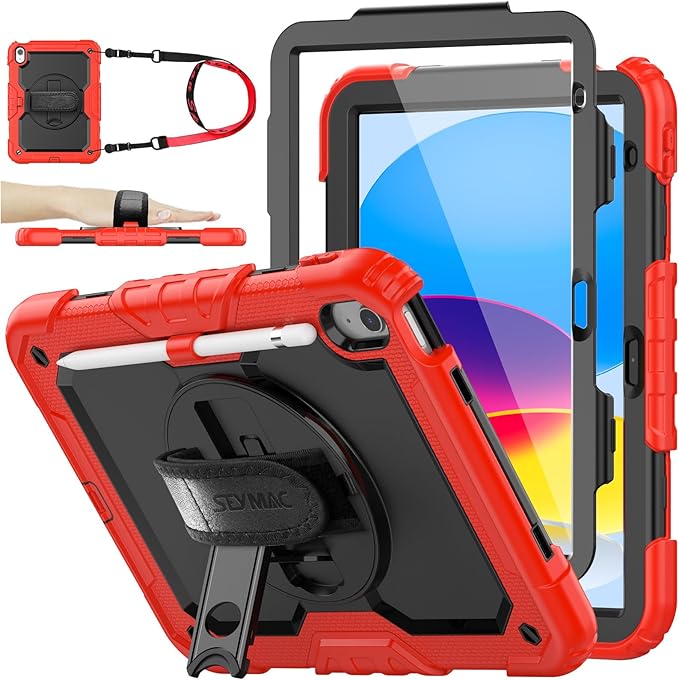 SEYMAC stock Case for iPad (A16) 11th/10th Generation 11''/10.9'' 2025/2022, Full-Body Drop Protection Case with Screen Protector &360° Rotate Hand Strap/Stand, Black+Red
