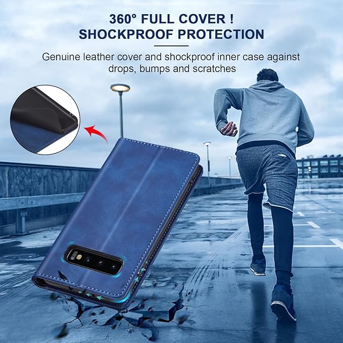 Jasonyu Flip Wallet Case for Samsung Galaxy S10 Plus,Leather Magnetic Folio Cover with Card Holder,Kickstand - TPU Shockproof Durable Protective Phone Case,Blue