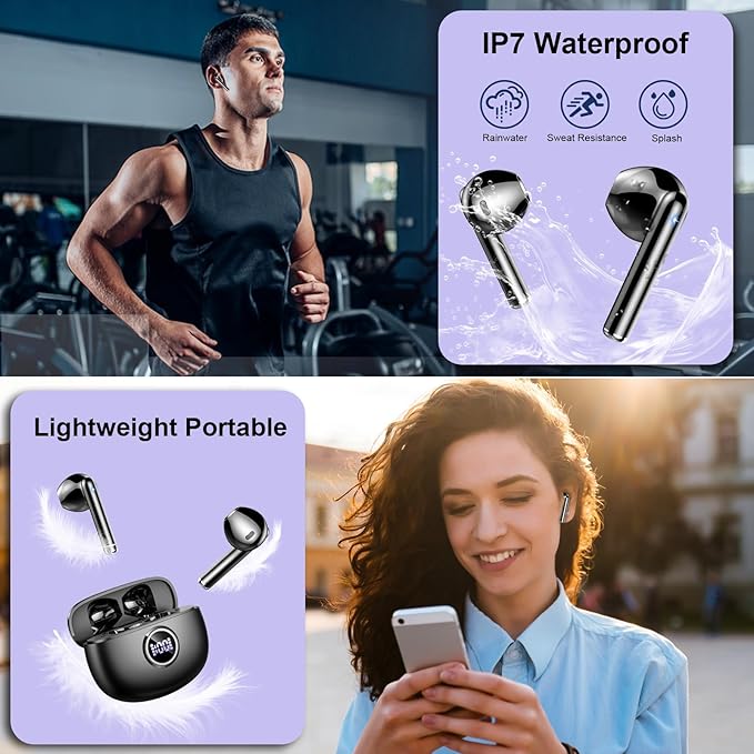 Wireless Earbuds, 2025 Bluetooth 5.3 Headphones HiFi Stereo Ear buds with ENC Noise Cancelling Mics, 40H Bluetooth Earbuds with Dual LED Display, IP7 Waterproof in Ear Earphones for Android iOS, Black