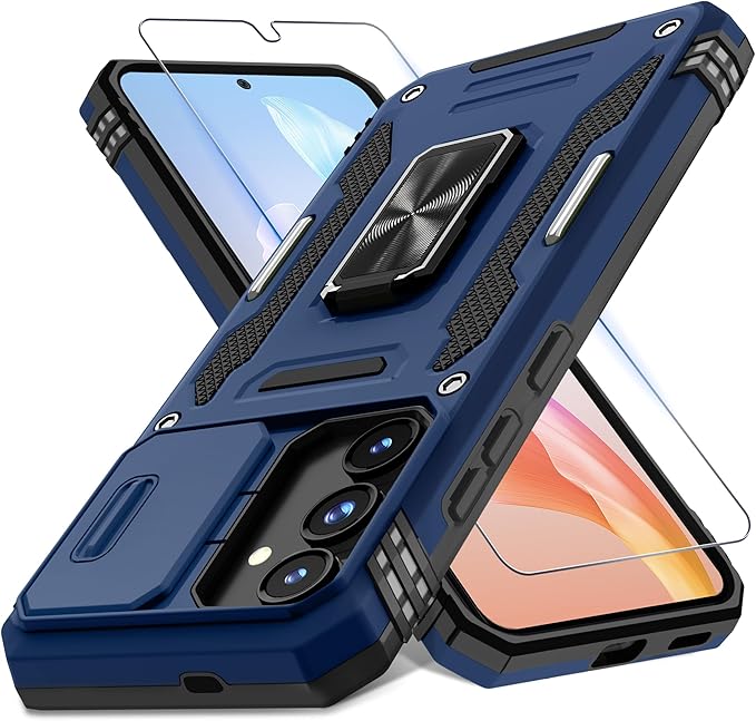 DEERLAMN Case for Samsung Galaxy S25 6.2-Inch with Slide Camera Cover+Screen Protector (1 Pack), Rotated Ring Kickstand Military Grade Shockproof Protective Cover-Navy Blue