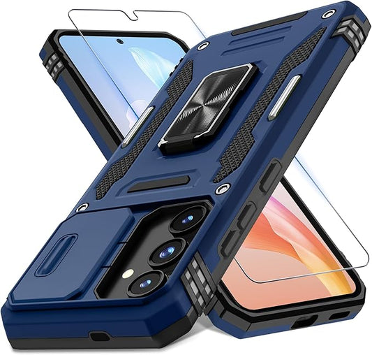 DEERLAMN Case for Samsung Galaxy S25 FE 6.7-Inch with Slide Camera Cover+Screen Protector(1 Pack), Rotated Ring Kickstand Military Grade Shockproof Protective Cover-Navy Blue