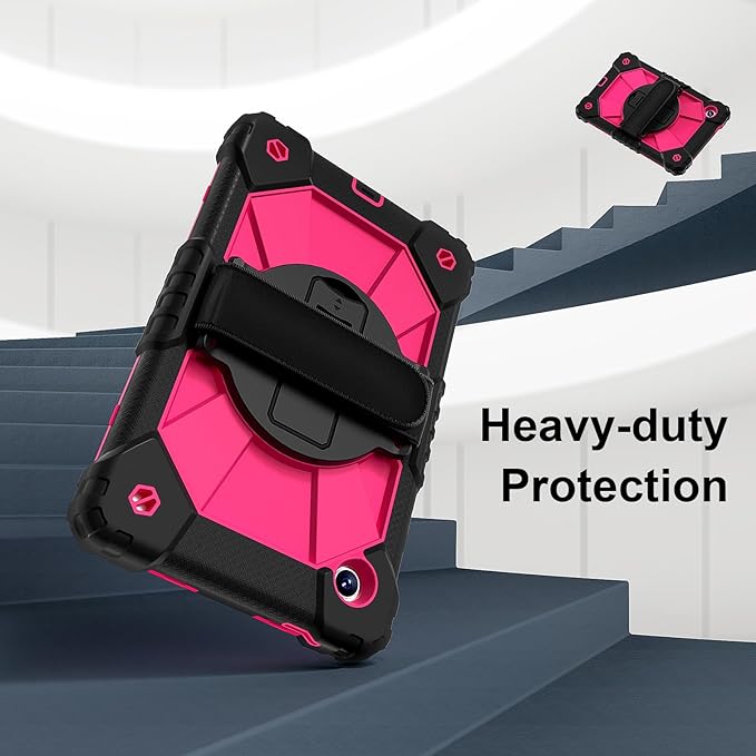 for Samsung Galaxy Tab A9 Case 8.7 inch (SM-X110/X115/X117), Heavy Duty Shockproof Silicone Cover Rugged 360 Stand Hand Shoulder Strap for Galaxy A9 Tablet, Black/Rose Red