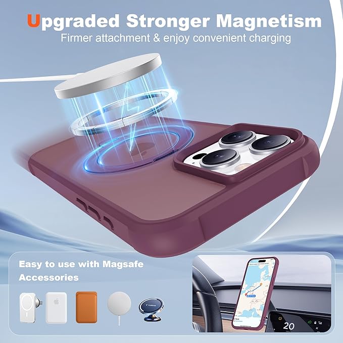 Compatible with iPhone 15 Pro Case with Invisible Magnetic 360°Spin Stand,Military-Grade Shockproof Protection [Compatible with Mag-Safe] Non-Slip Edge Translucent Case (6.1",Wine Red)