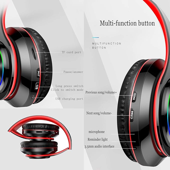 Wireless Bluetooth Headphones with Colorful LED Lights, Built-in Mic, Light Weight, Foldable, Wired HiFi Stereo Headphones for Classroom/Home Office/PC/Mobile Phone/Kids Adult (Black Red)
