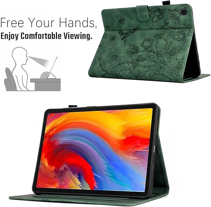KEROM Case for Samsung Galaxy Tab A9+ Plus 11 Inch 2024 2023 (SM-X210/X216/X218), Embossed Suede Leather Folio Stand Cover with Auto Wake/Sleep & Card Slot & Pen Holder - Green Bird Flower Embossing