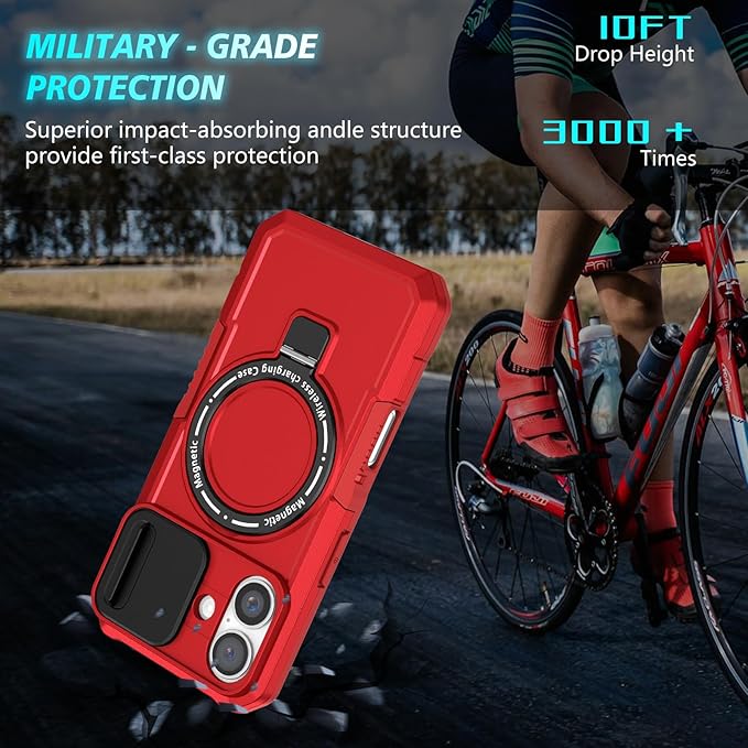 for iPhone 16 Plus Case Magnetic Compatible with MagSafe Wireless Charging,Built-in 360°Kickstand,with Camera Cover,with 2 Screen Protector,Anti-Scratch Shockproof Heavy Duty Protection Red