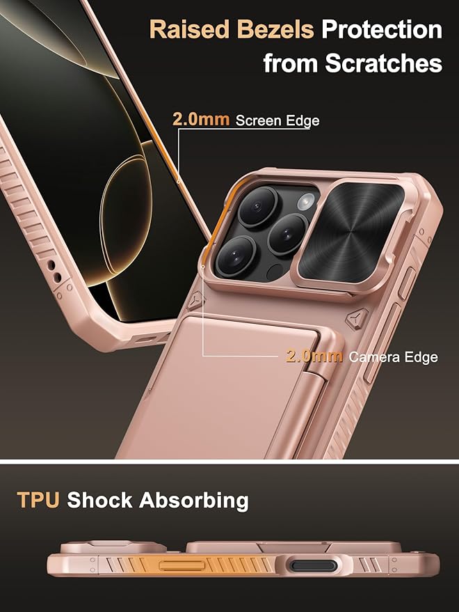 Vihibii for iPhone 16 Pro Max Case Wallet with Card Holder (4 Cards) [RFID Blocking] & Slide Camera Cover, Military Grade Drop Protection, Rugged Back & Silicone Edge Phone Case 6.9" 2024, Rose Gold