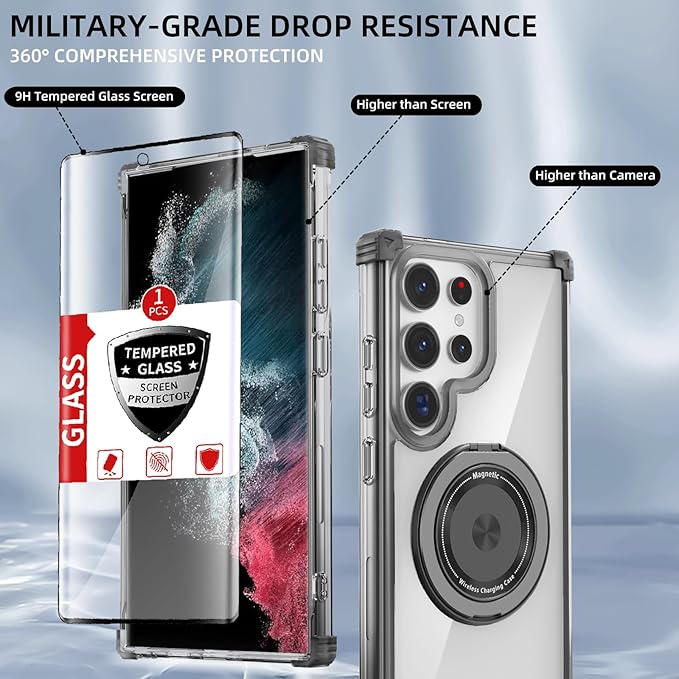 for Samsung Galaxy S22 Ultra Case Compatible with Magnetic Wireless Charging with Screen Protectors, S22 Ultra Case Built-in Kickstand Ring Military Grade Drop Protection Shockproof Black