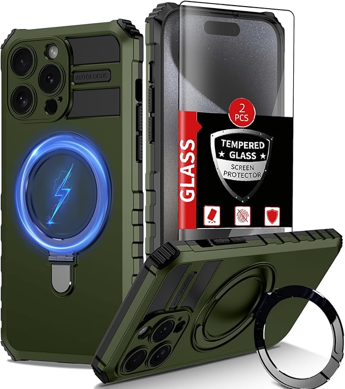 for iPhone 15 Pro Max Case Magnetic Compatible with MagSafe Wireless Charging,with 2 Screen Protectors,with Kickstand Shockproof Shock-Absorbent Heavy Duty Protection Scratch Resistant Green