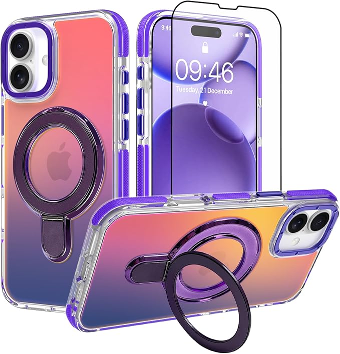 MOWIME Magnetic for iPhone 17 Case with Stand [Compatible with Magsafe] [Cute Fashion Fluorescent Design] [1 Screen Protector] Slim Translucent Matte Case for iPhone 17 6.3" 2025, Purple