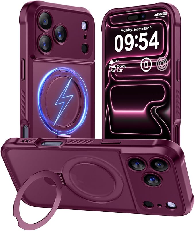 MOCCA Compatible with iPhone 17 Pro Max Case with Magnetic Invisible Stand [Full Camera Protection] [Compatible with Magsafe] Military Drop Shockproof Translucent Matte Phone Case Cover 6.9",Wine Red