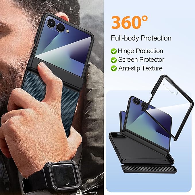 for Samsung Galaxy Z-Flip-7 Case: Ant-Slip Grip 3D Texture & Magnetic Hinge Protection, 9H Glass Screen Protector, TPU Shockproof Militray-Grade Protective Phone Cover for Flip7 2025, Blue