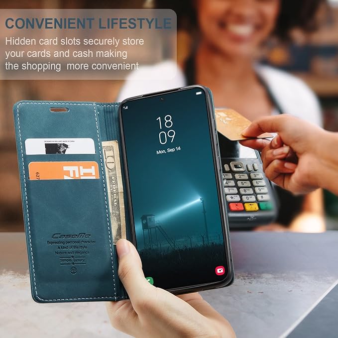 for Samsung Galaxy S22 Case, Flip Wallet Leather Case with Card Holder Magnetic Closure Shockproof Kickstand Protective Phone Cases Cover for Samsung S22,Blue-Green